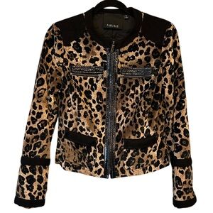 Carlisle Cropped Velvet Leopard Print Zip Front Moto Style Mob Wife Blazer